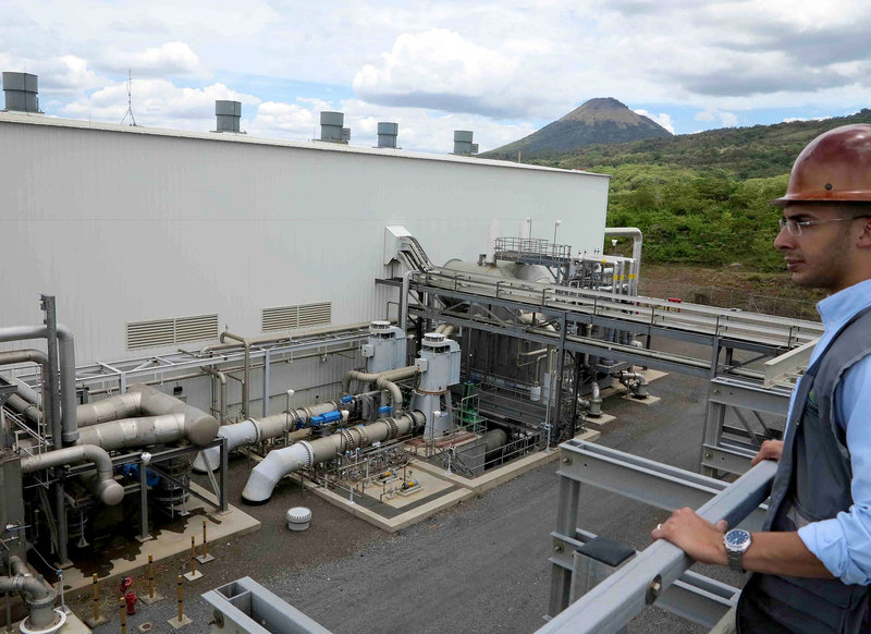 Nicaragua is no longer dependent on oil imports, thanks to the renewable-energy push. Here, Antonio Duarte, general manager, overlooks the geothermal plant in San Jacinto, Nicaragua, in August 2014.