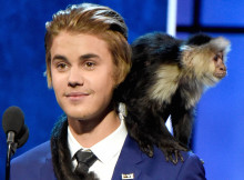 LOS ANGELES, CA - MARCH 14:  Honoree Justin Bieber and his monkey speak onstage at The Comedy Central Roast of Justin Bieber at Sony Pictures Studios on March 14, 2015 in Los Angeles, California. The Comedy Central Roast of Justin Bieber will air on March 30, 2015 at 10:00 p.m. ET/PT.  (Photo by Kevin Mazur/WireImage)